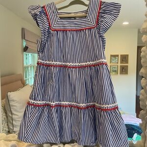 Crewcuts Blue and White Tiered Sundress with Flutter Sleeves